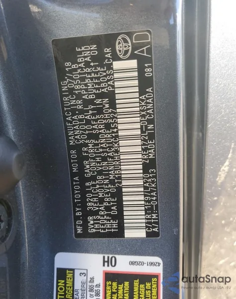 2019 Toyota Corolla L z USA, uszkodzony, nr VIN 2T1BURHE3KC145527